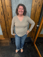 Ribbed V Neck Top with Raw Hem