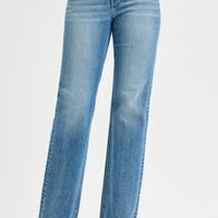 Risen Brand High Rise Wide Leg Denim with Raw Hem