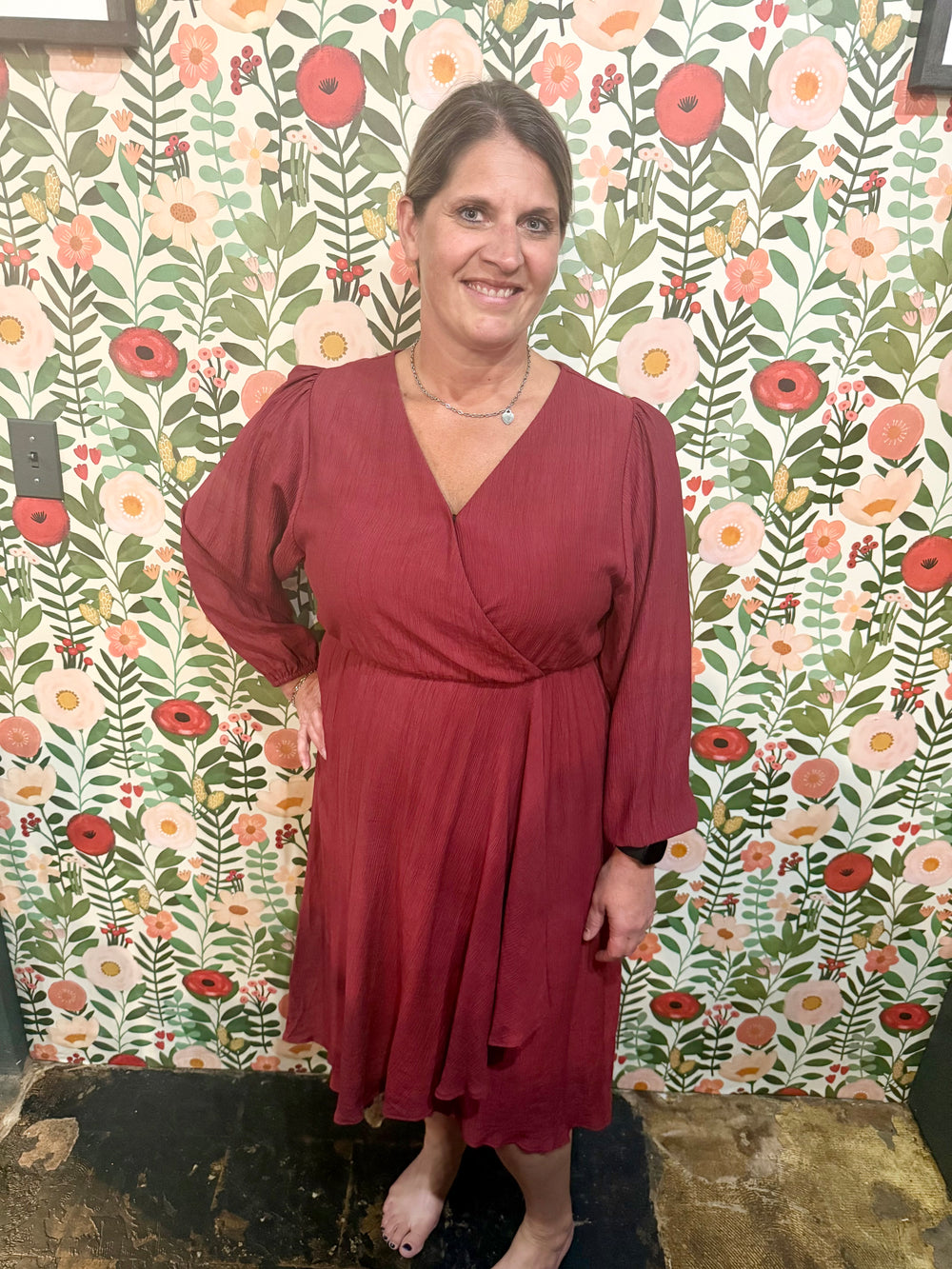 Long Sleeve Surplice Hem Midi Dress