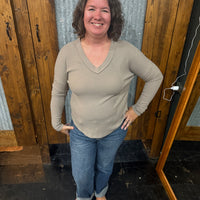 Ribbed V Neck Top with Raw Hem