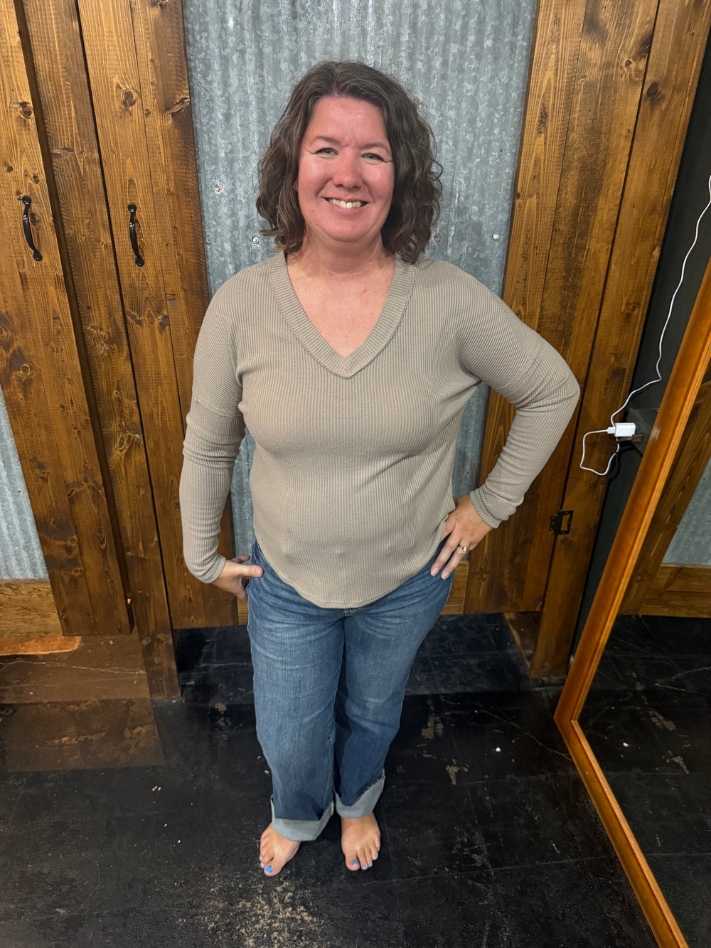 Ribbed V Neck Top with Raw Hem