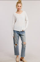 Ribbed V Neck Top with Raw Hem
