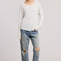 Ribbed V Neck Top with Raw Hem