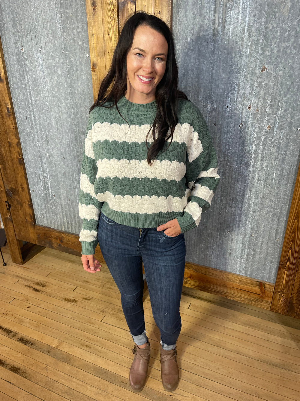 Green Stripe Waist Lengh Sweater