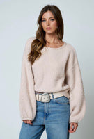 Fuzzy Waist Length Sweater with Bell Sleeve
