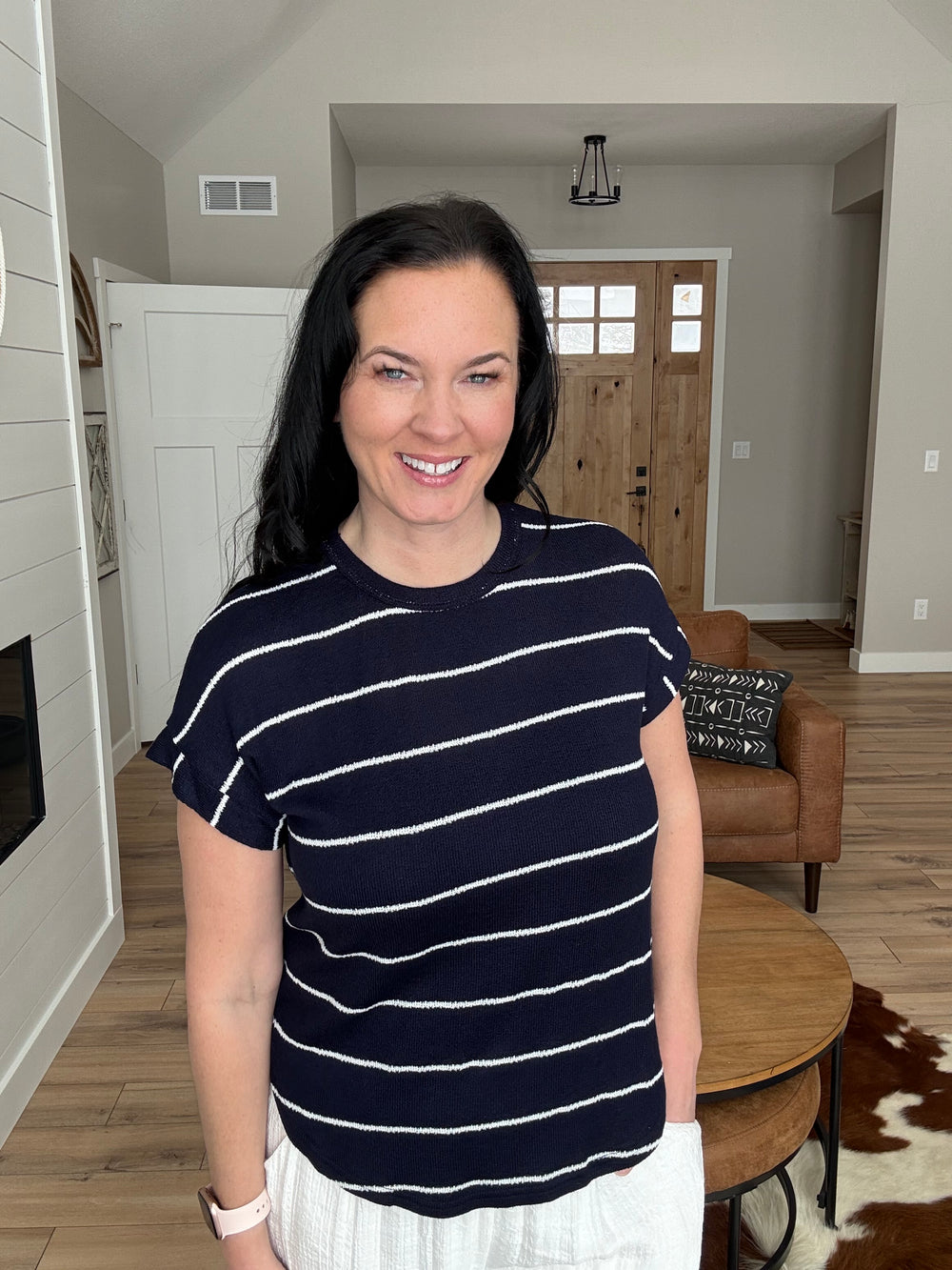 Short Sleeve Navy and White Stripe Sweater